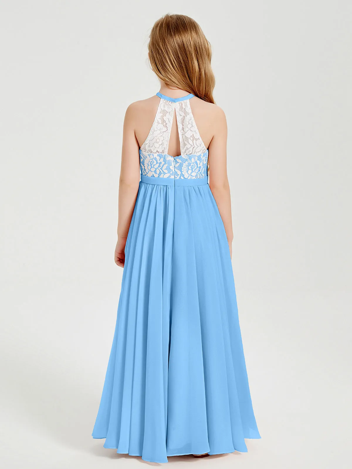 Long Chiffon Bridesmaid Dresses Lace Top Blue