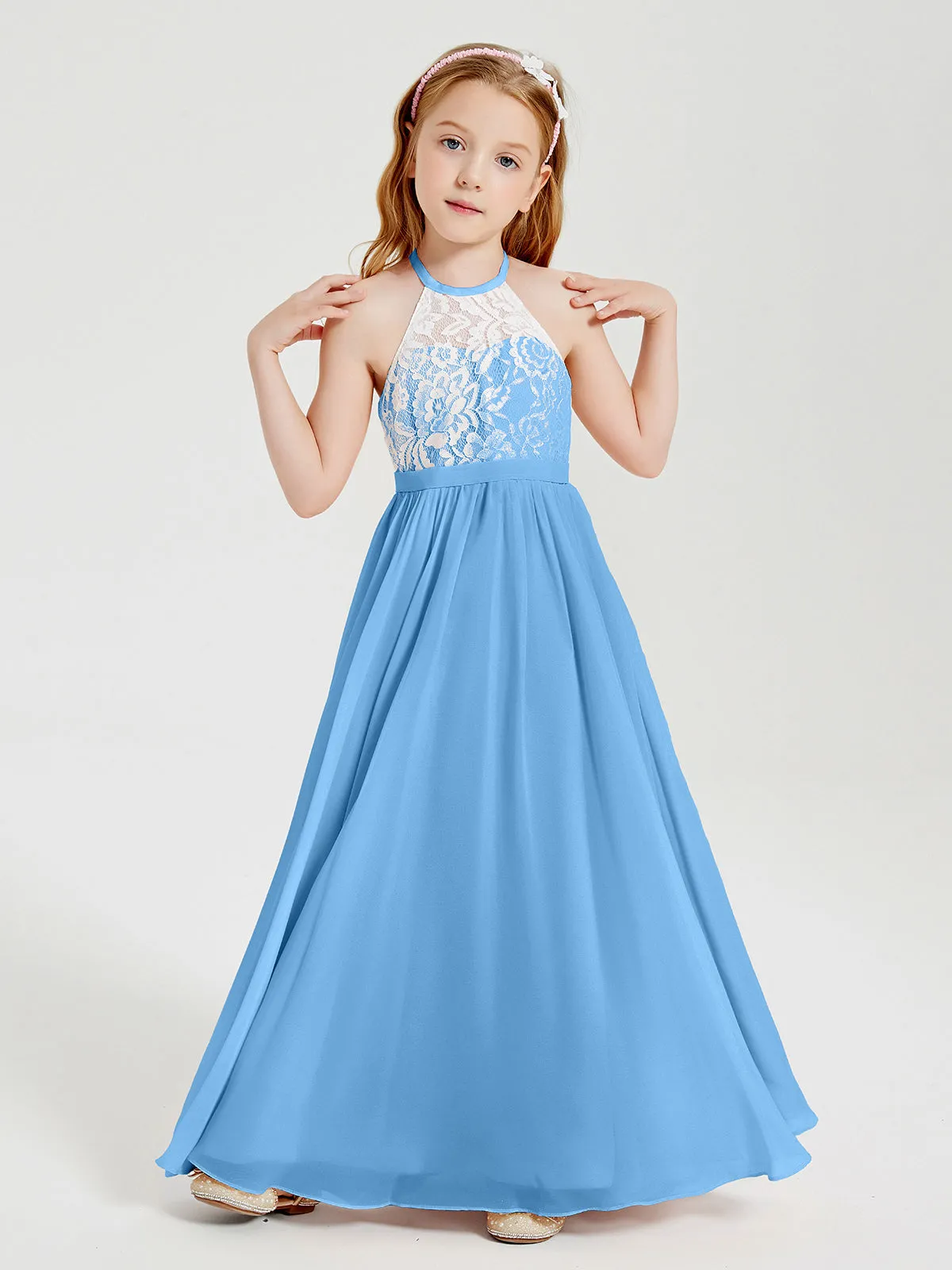 Long Chiffon Bridesmaid Dresses Lace Top Blue