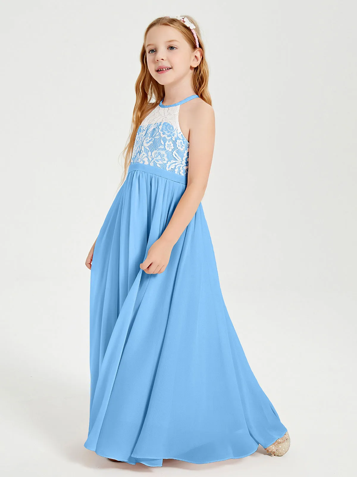 Long Chiffon Bridesmaid Dresses Lace Top Blue