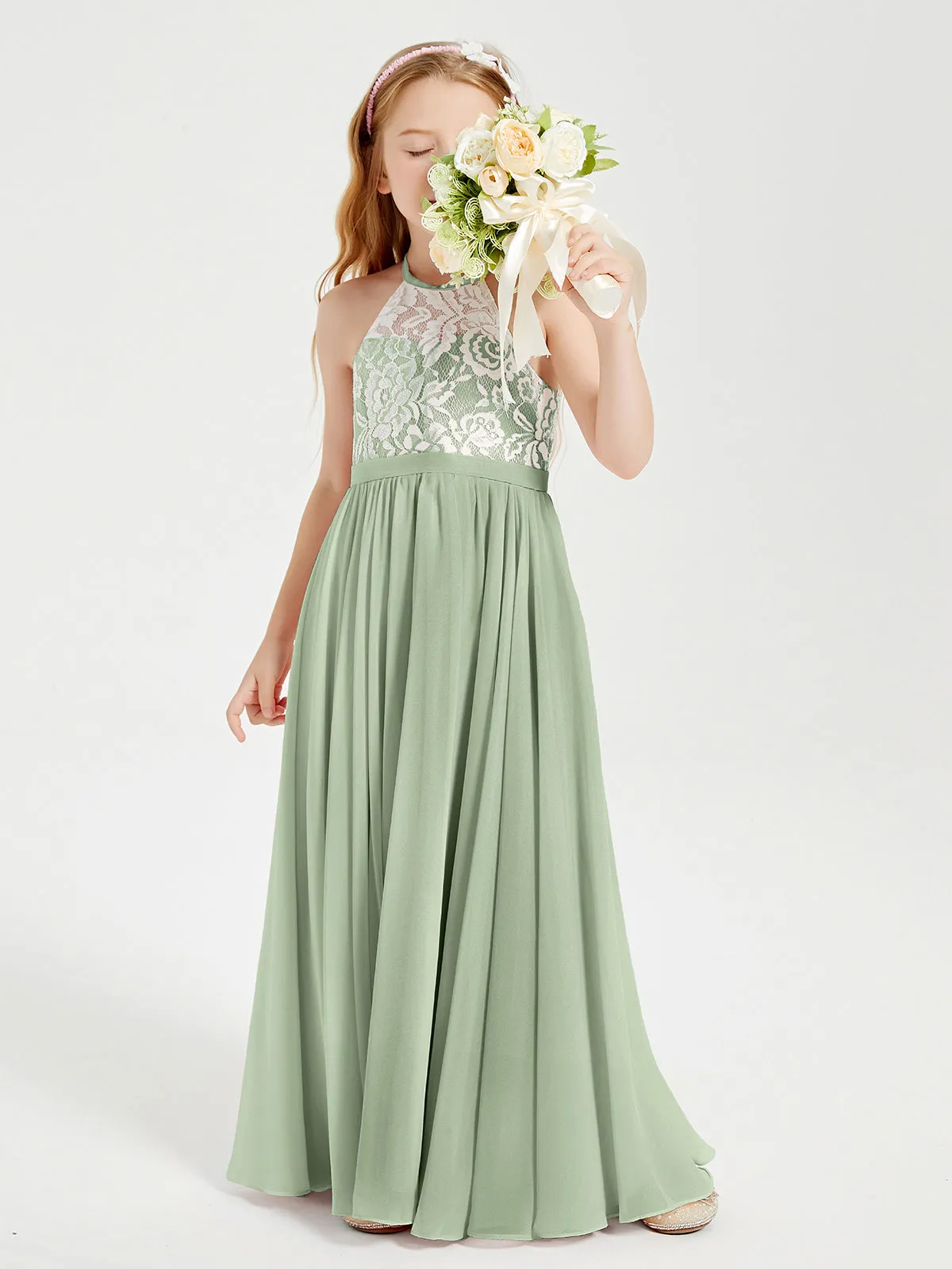 Long Chiffon Bridesmaid Dresses Lace Top Dusty Sage