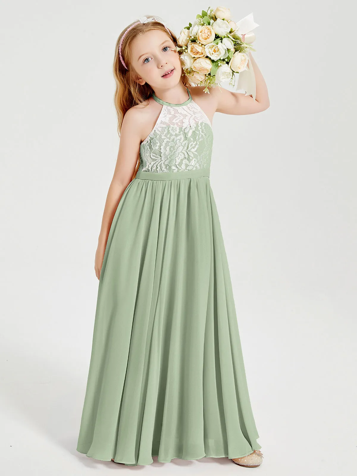 Long Chiffon Bridesmaid Dresses Lace Top Dusty Sage