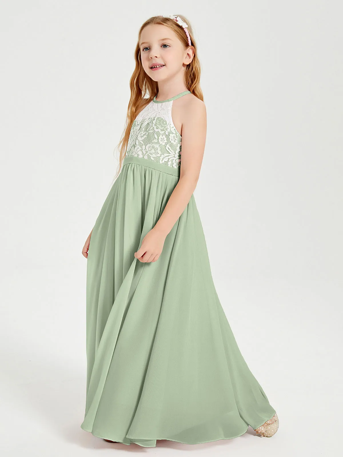 Long Chiffon Bridesmaid Dresses Lace Top Dusty Sage