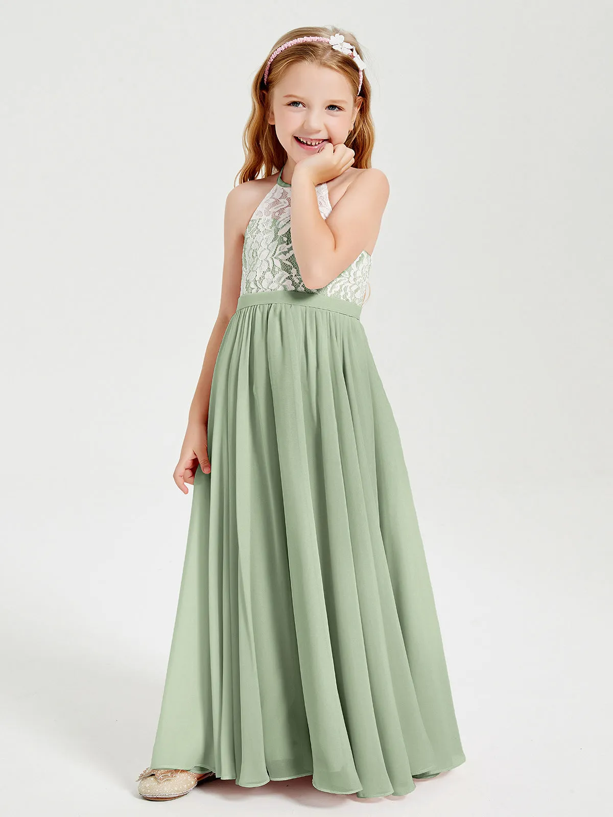 Long Chiffon Bridesmaid Dresses Lace Top Dusty Sage