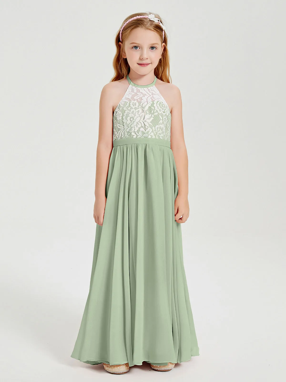 Long Chiffon Bridesmaid Dresses Lace Top Dusty Sage