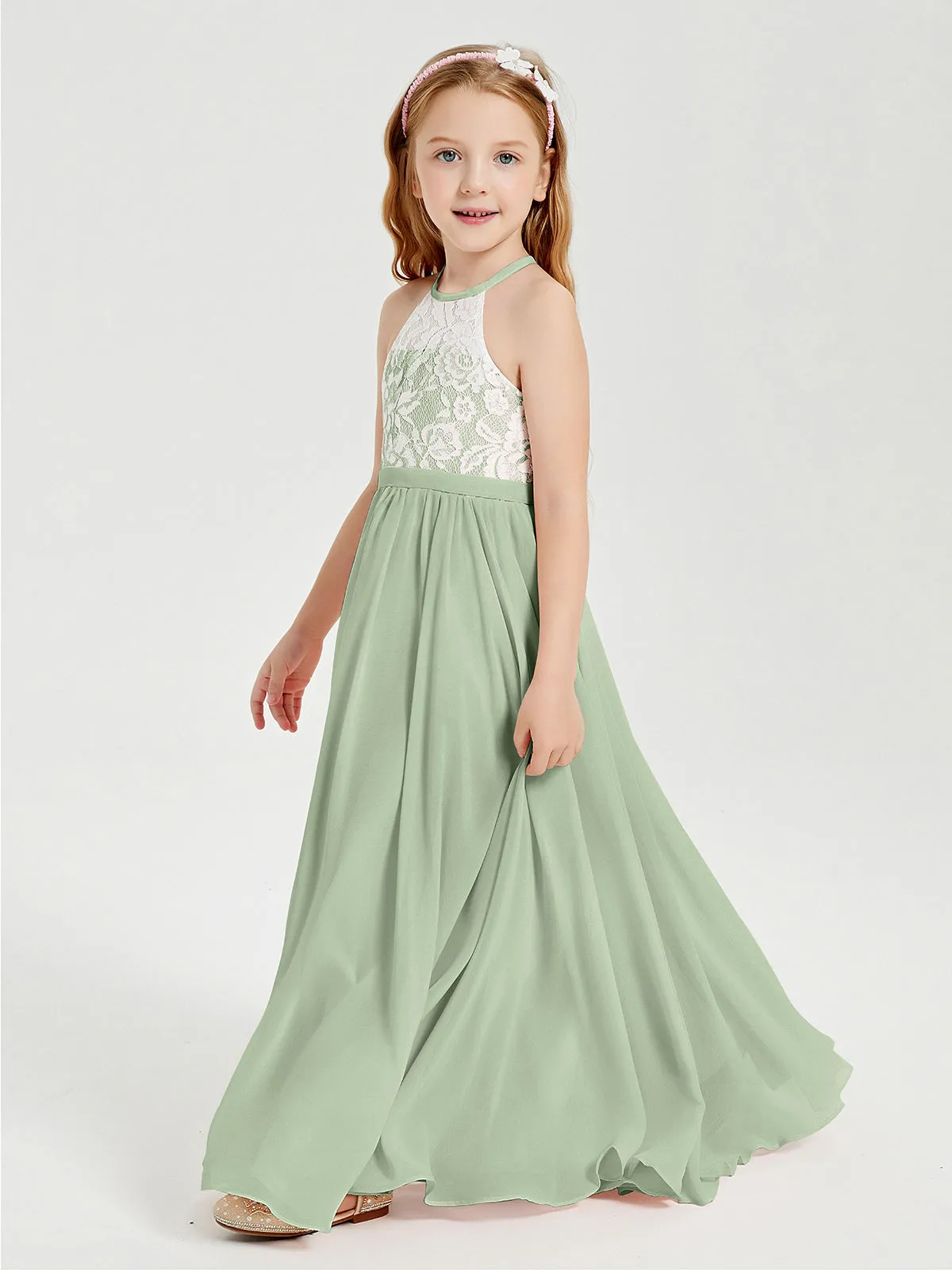 Long Chiffon Bridesmaid Dresses Lace Top Dusty Sage