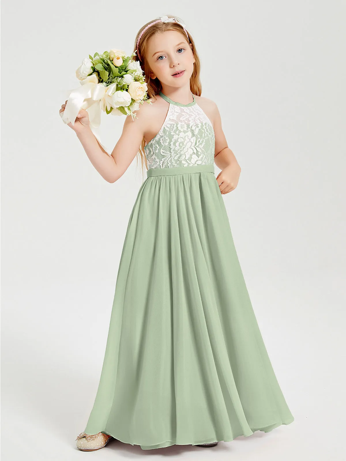 Long Chiffon Bridesmaid Dresses Lace Top Dusty Sage