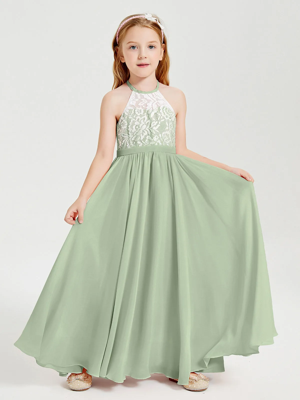 Long Chiffon Bridesmaid Dresses Lace Top Dusty Sage