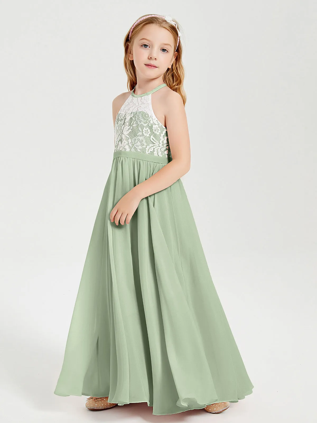 Long Chiffon Bridesmaid Dresses Lace Top Dusty Sage