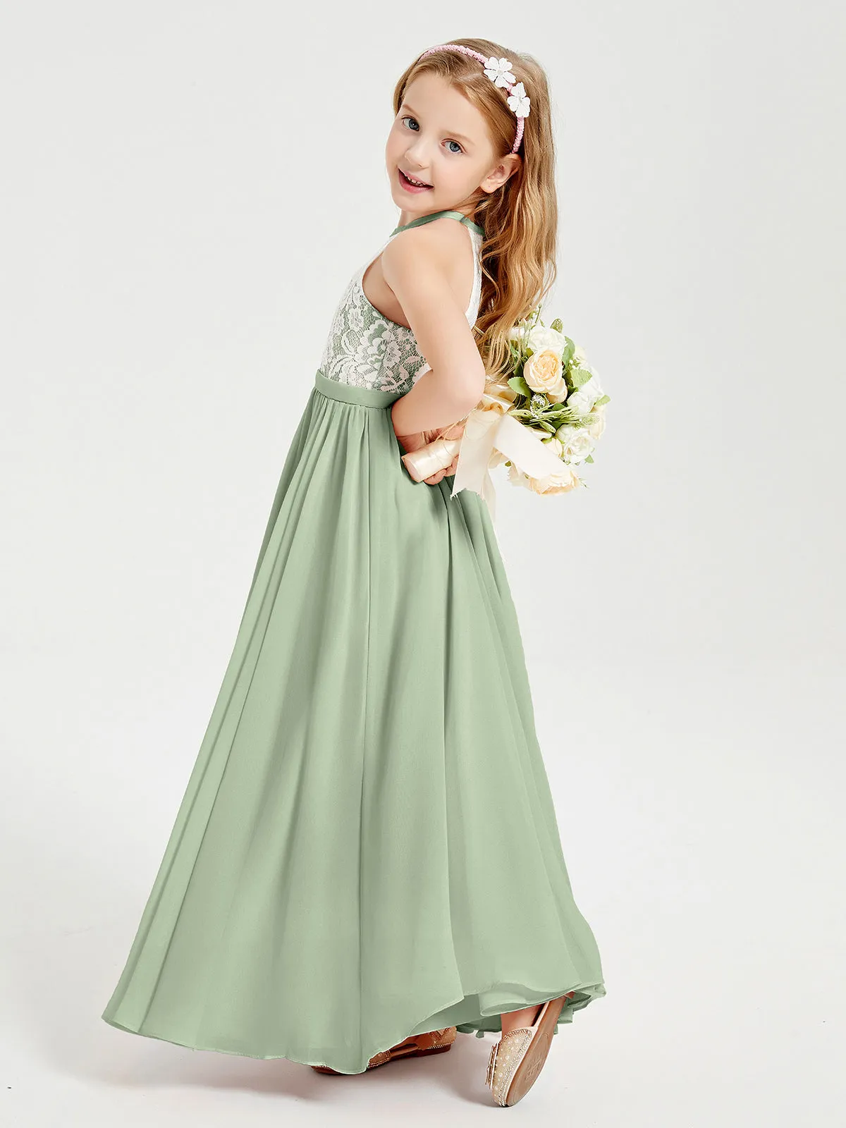 Long Chiffon Bridesmaid Dresses Lace Top Dusty Sage