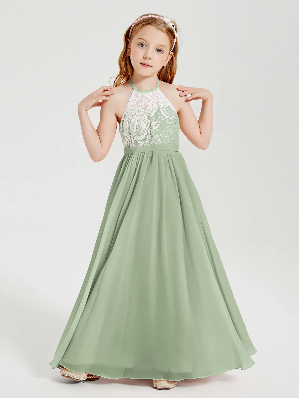 Long Chiffon Bridesmaid Dresses Lace Top Dusty Sage