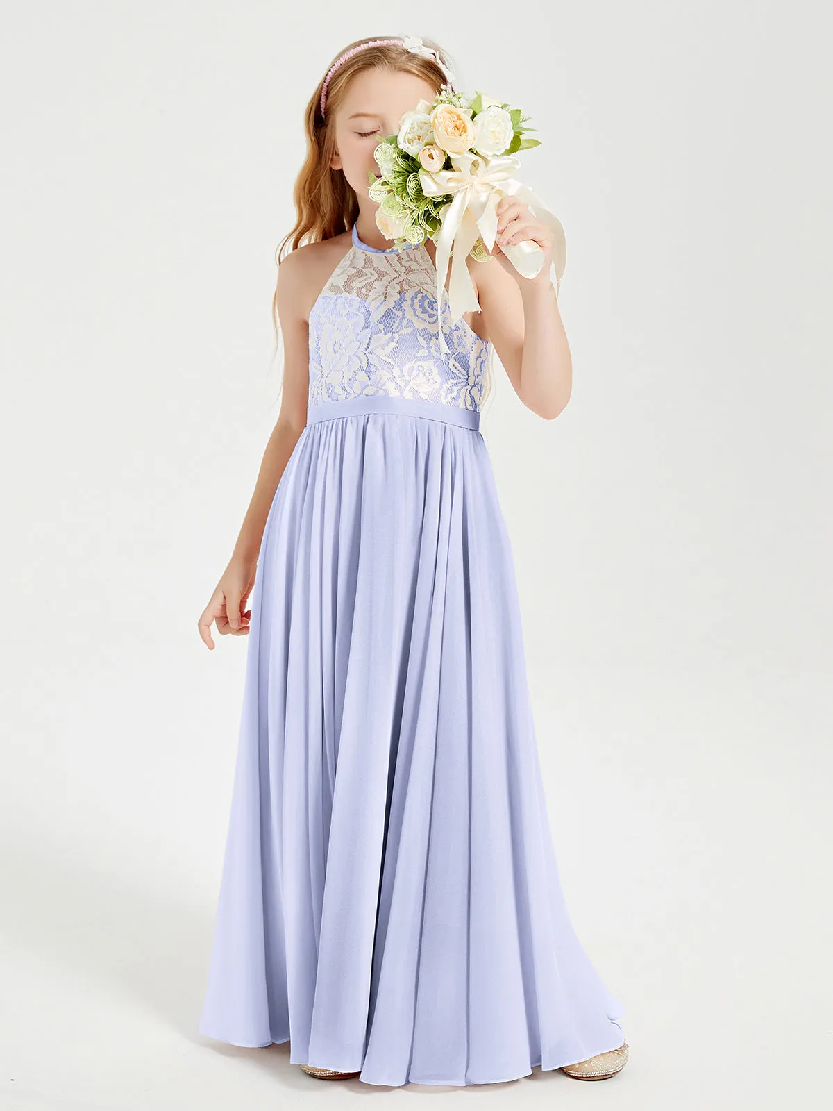 Long Chiffon Bridesmaid Dresses Lace Top Lavender