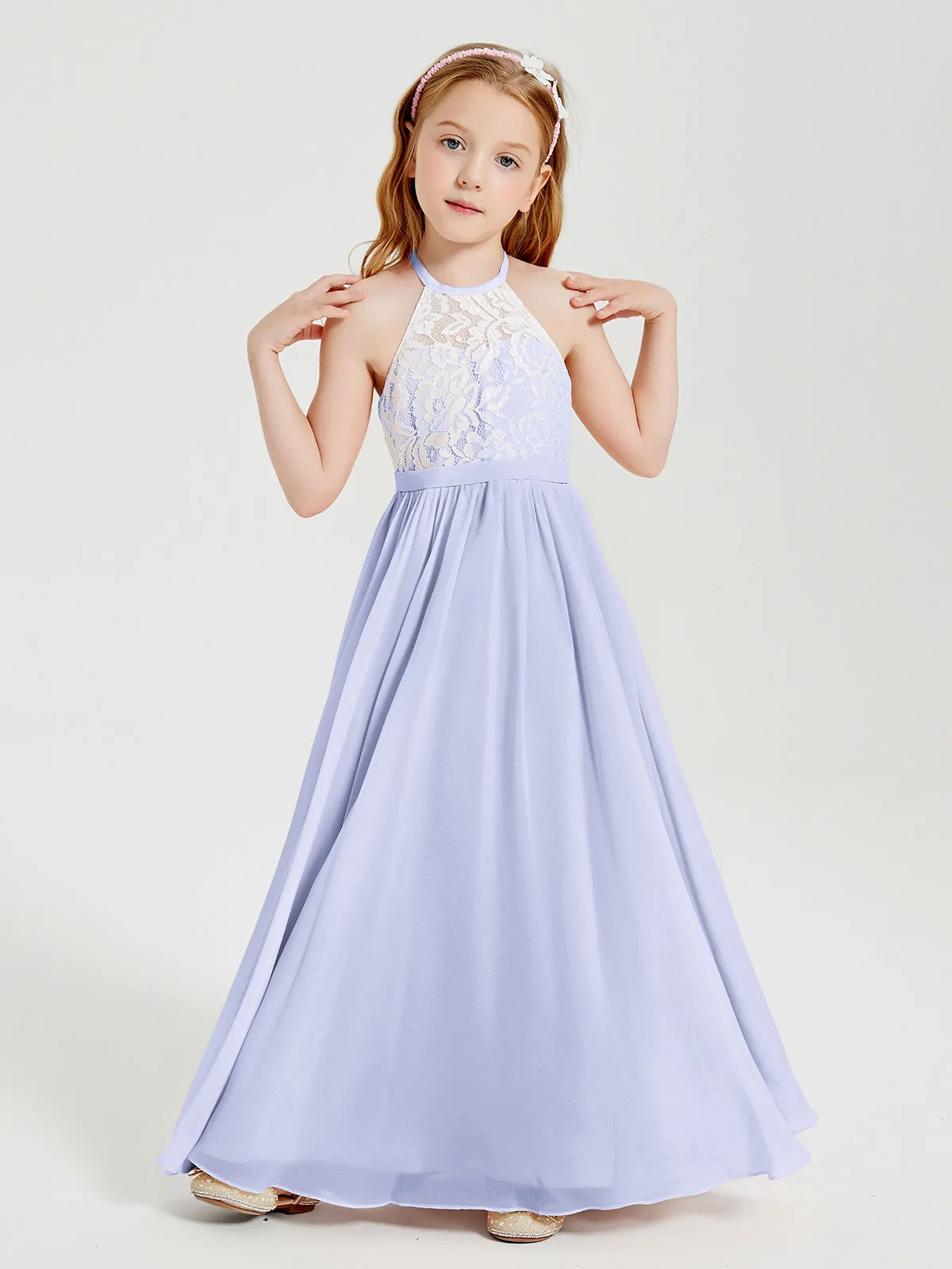 Long Chiffon Bridesmaid Dresses Lace Top Lavender