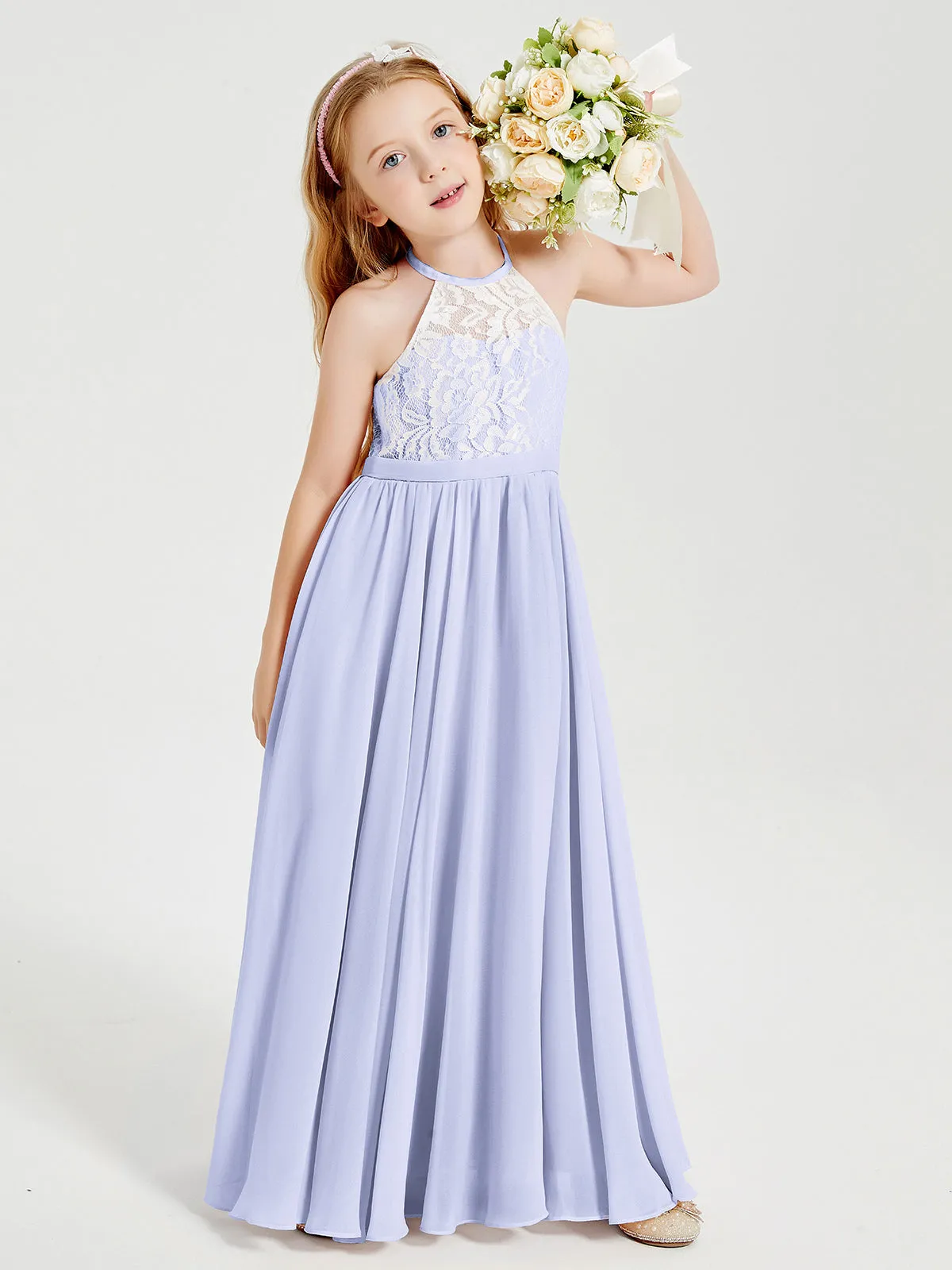 Long Chiffon Bridesmaid Dresses Lace Top Lavender