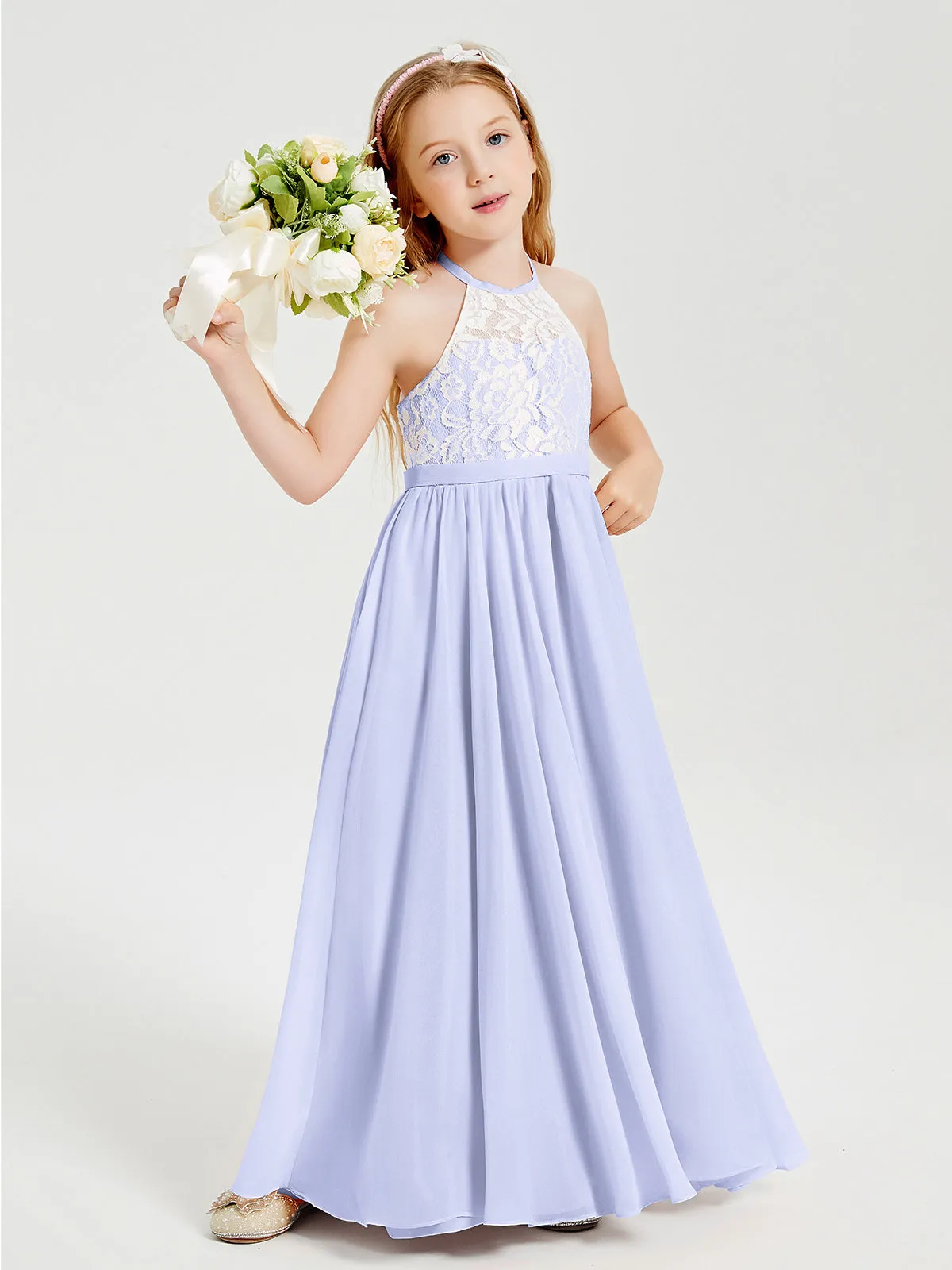 Long Chiffon Bridesmaid Dresses Lace Top Lavender