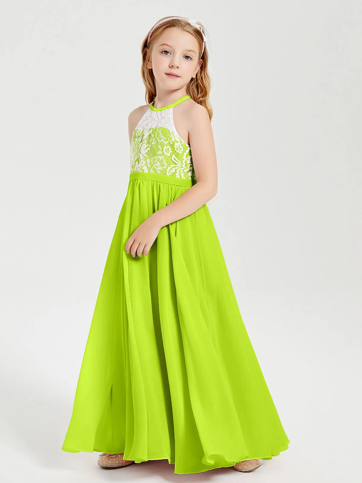 Long Chiffon Bridesmaid Dresses Lace Top Lime Green