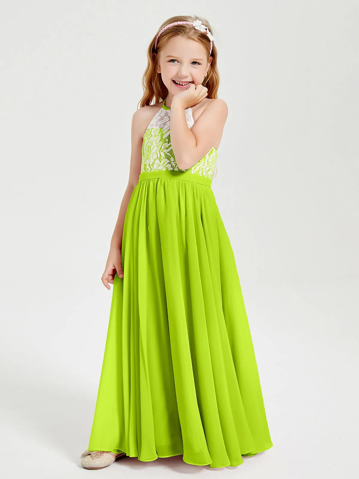 Long Chiffon Bridesmaid Dresses Lace Top Lime Green