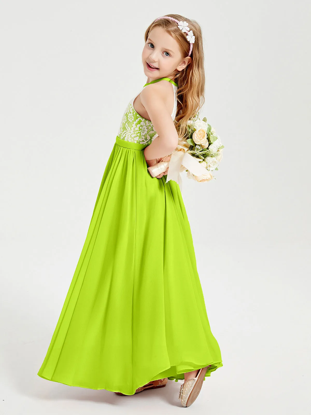 Long Chiffon Bridesmaid Dresses Lace Top Lime Green