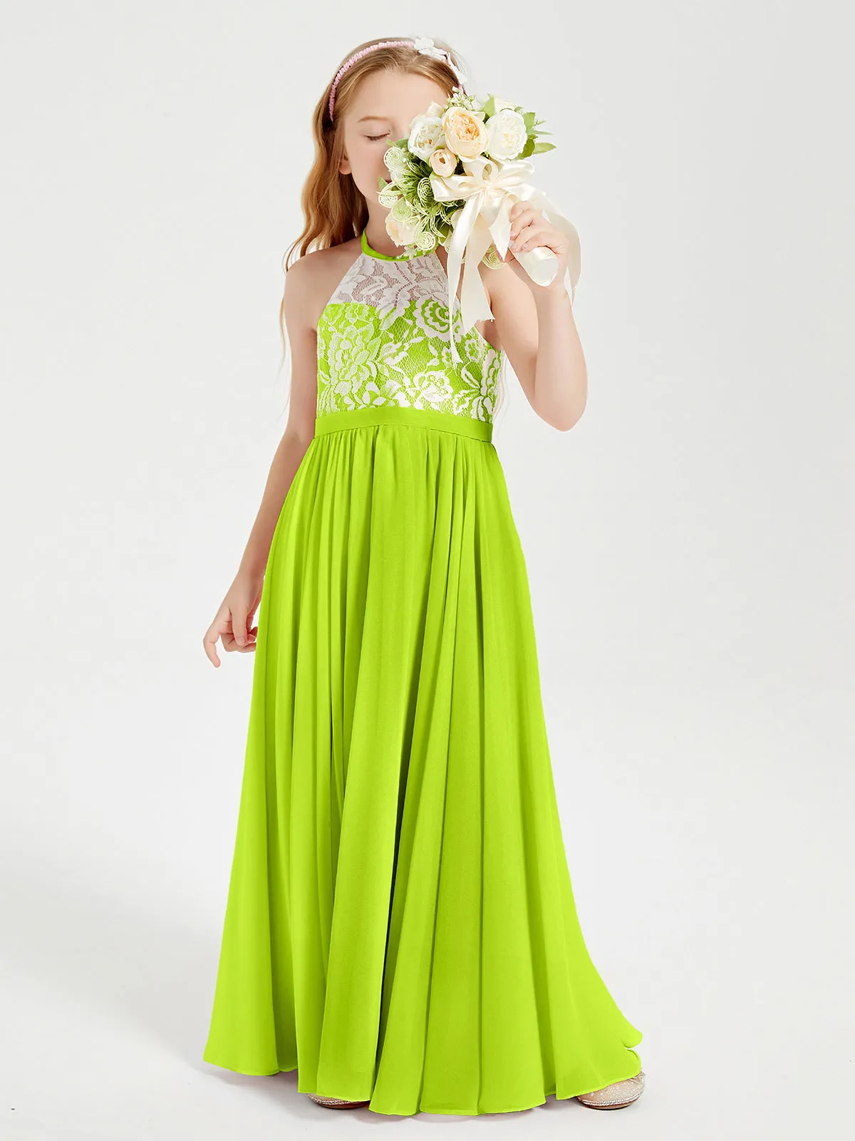 Long Chiffon Bridesmaid Dresses Lace Top Lime Green