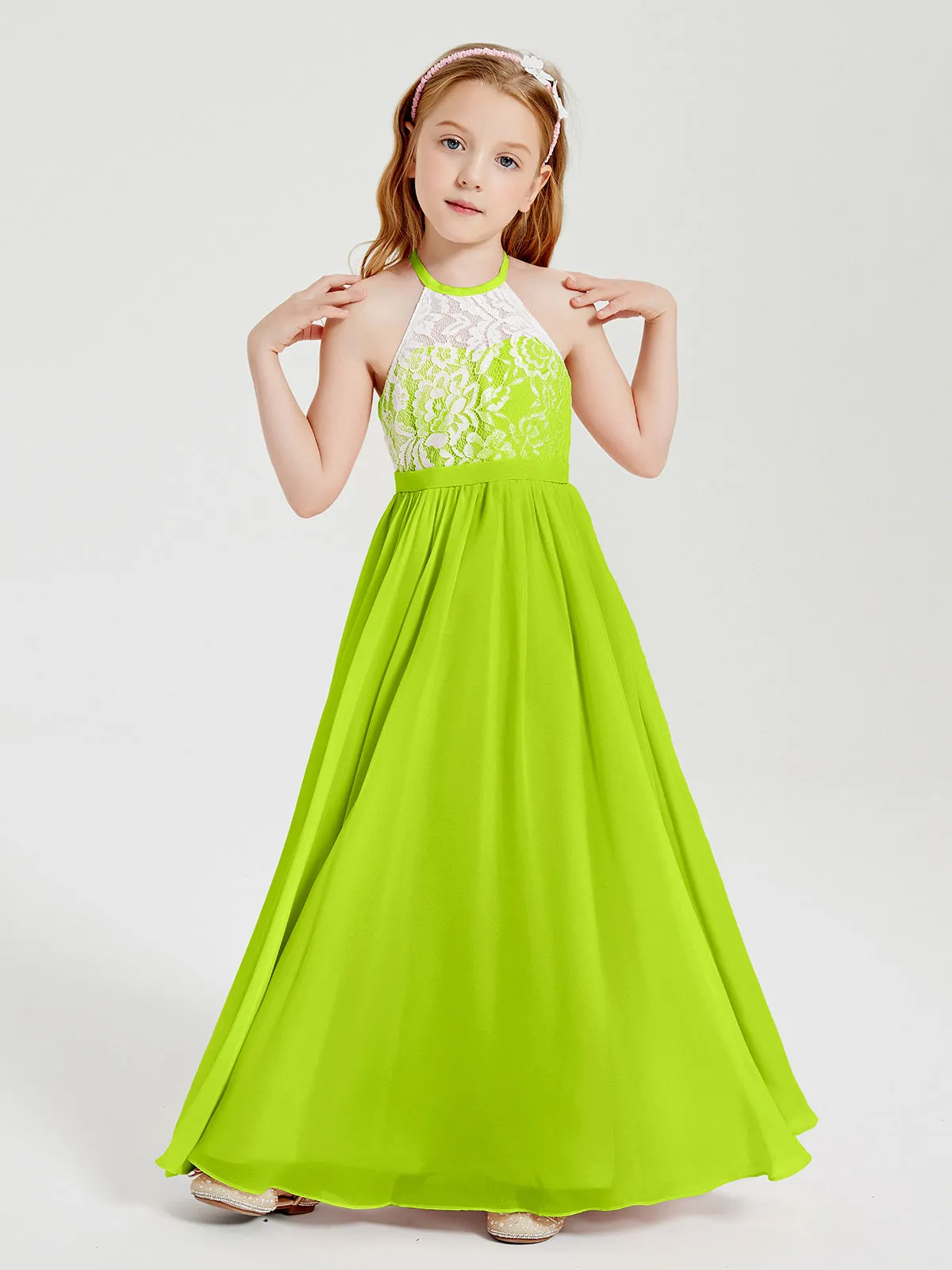 Long Chiffon Bridesmaid Dresses Lace Top Lime Green