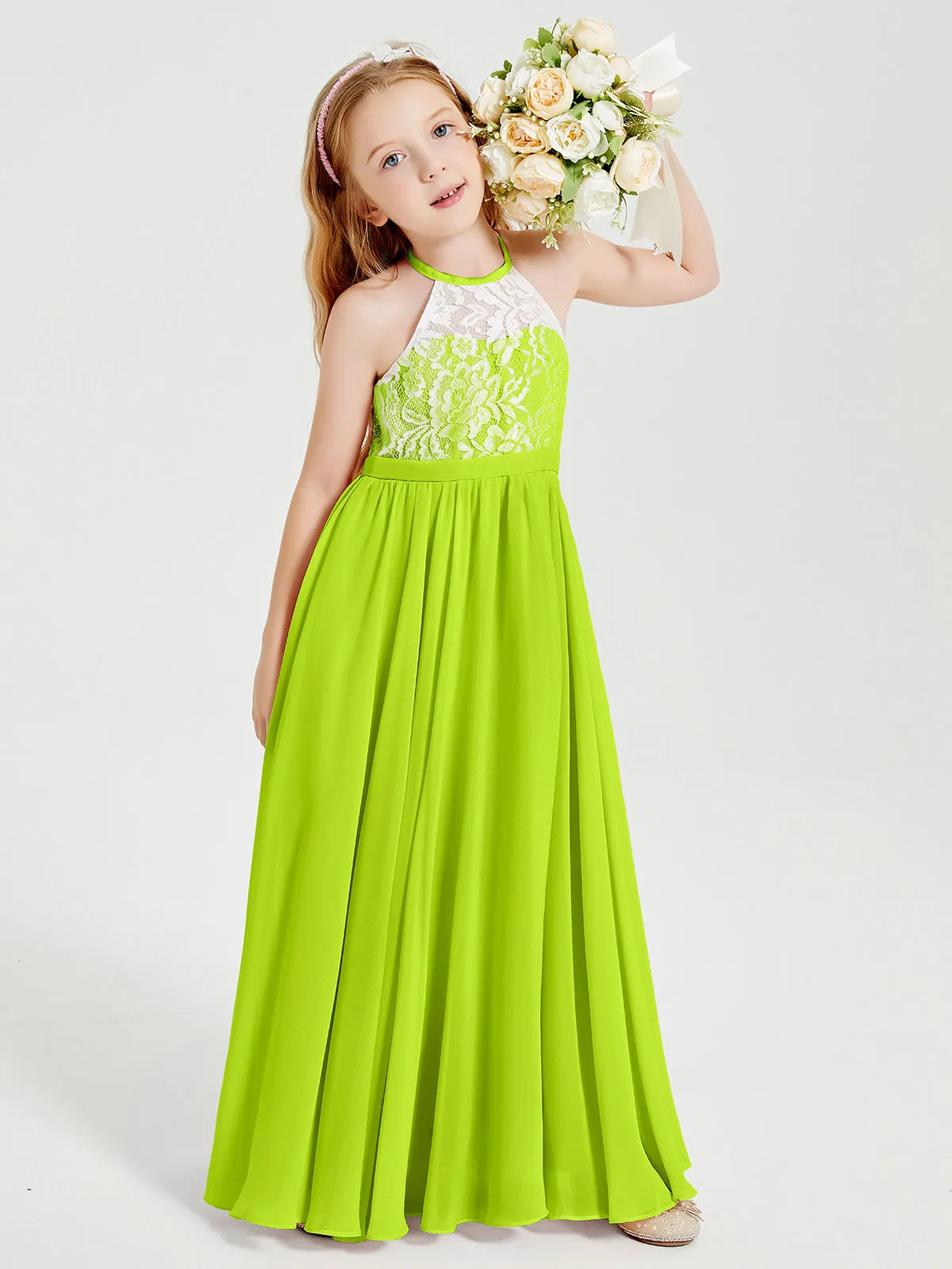 Long Chiffon Bridesmaid Dresses Lace Top Lime Green