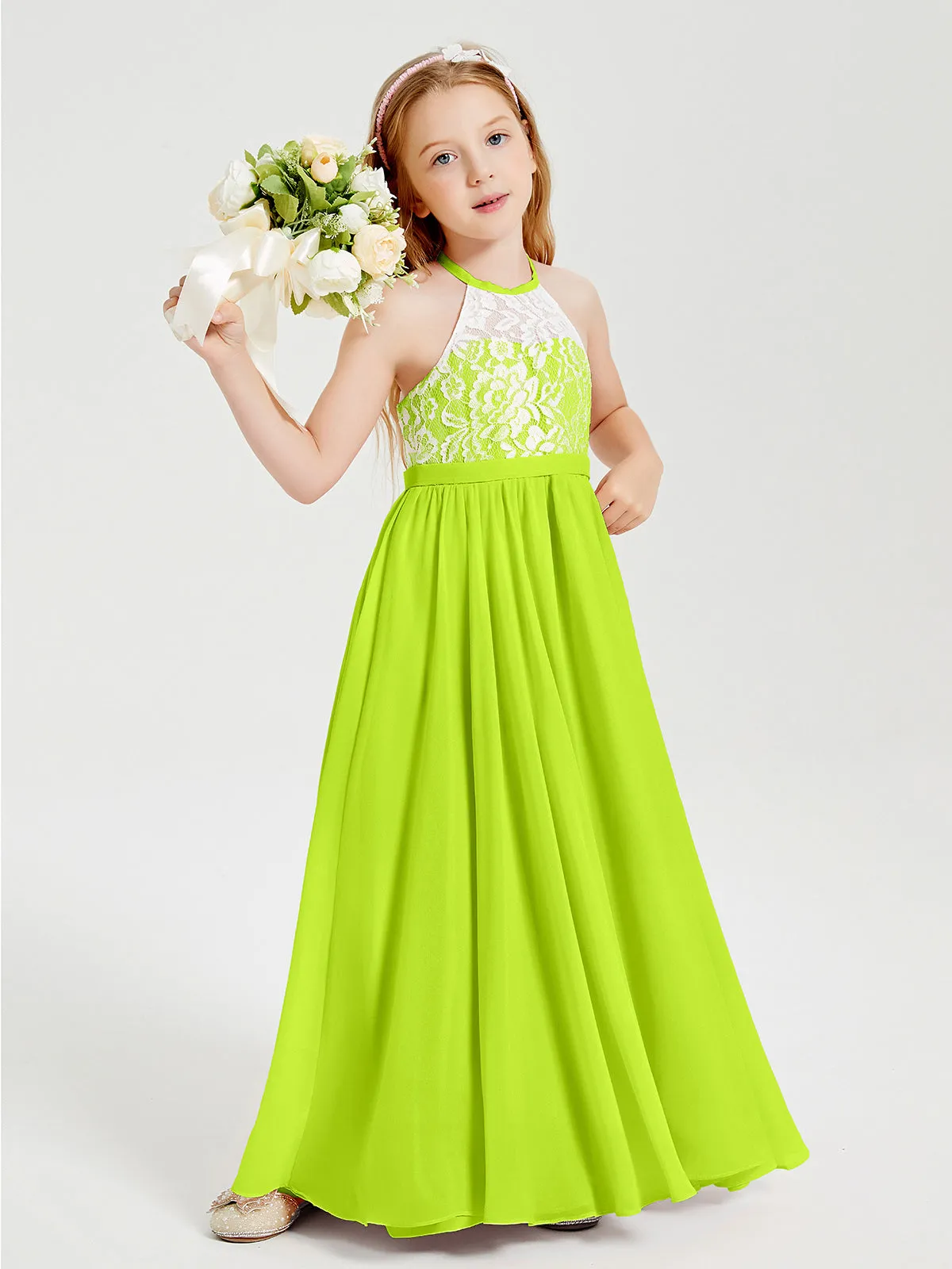 Long Chiffon Bridesmaid Dresses Lace Top Lime Green