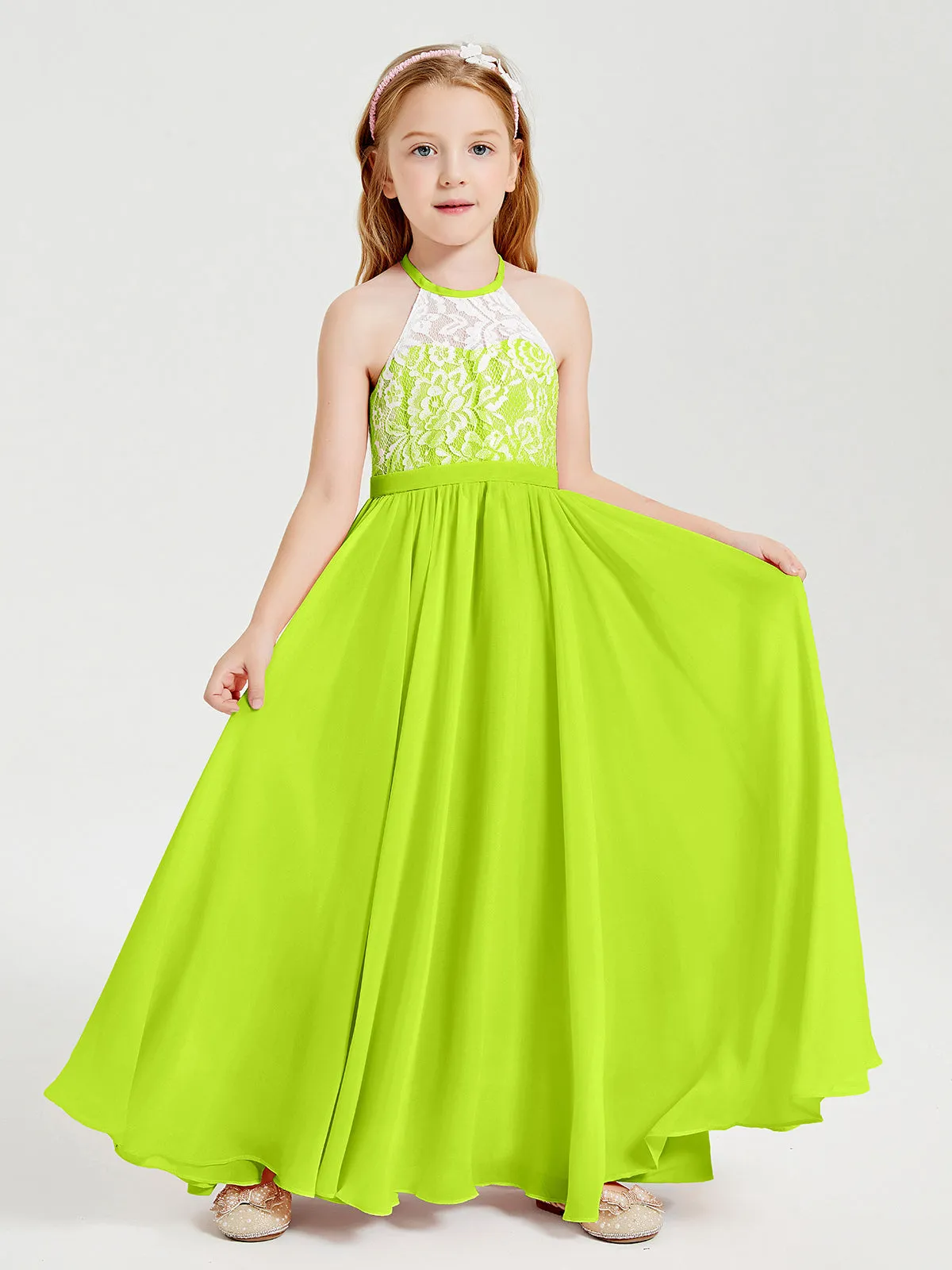 Long Chiffon Bridesmaid Dresses Lace Top Lime Green