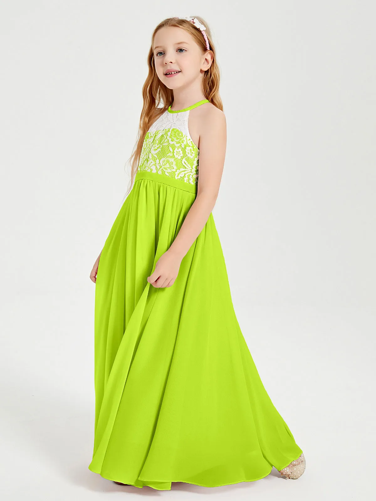 Long Chiffon Bridesmaid Dresses Lace Top Lime Green