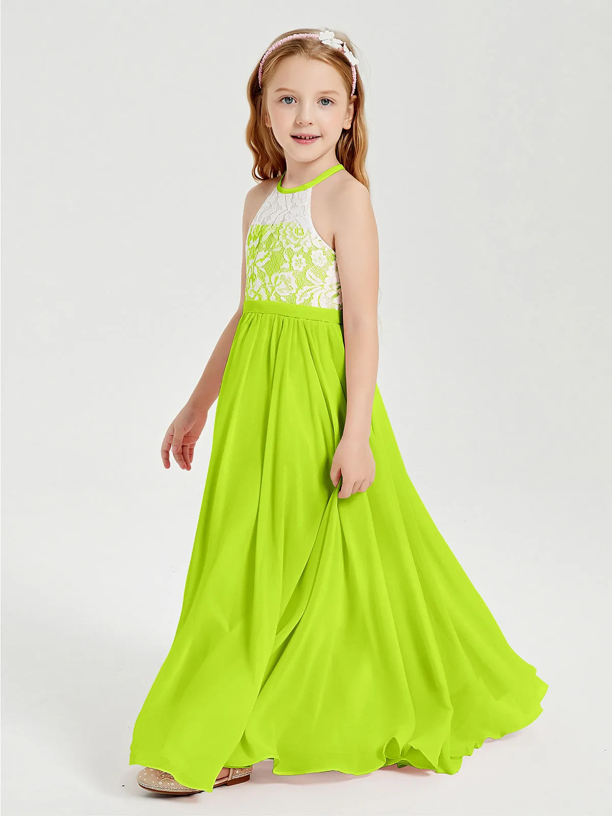 Long Chiffon Bridesmaid Dresses Lace Top Lime Green