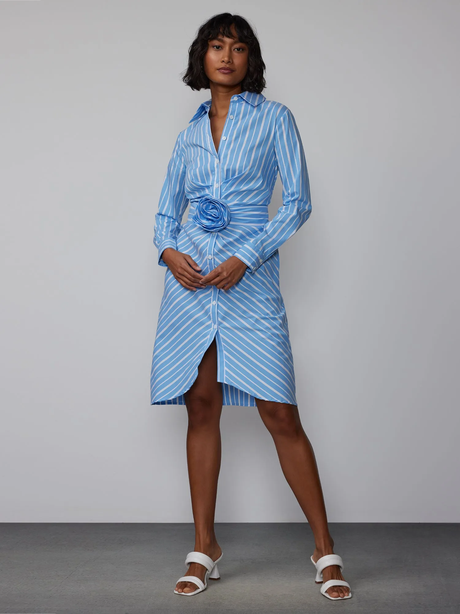 Long Sleeve Rosette Stripe Shirt Dress