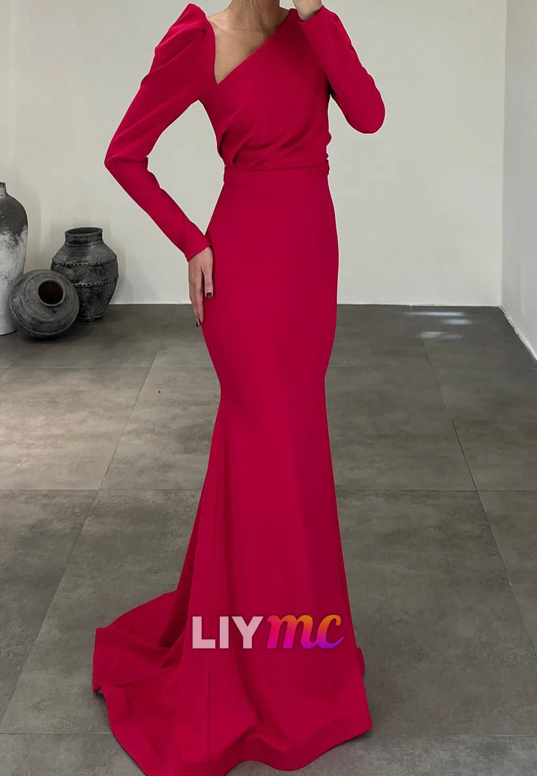 LP2269 - Asymmetrical Long Sleeves Ruched Sleek Satin Sheath Prom Dress