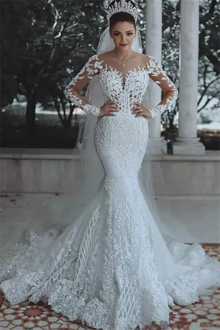 Luxury Beaded Lace Mermaid Wedding Dresses with Sleeves | Sheer Tulle Appliques Bride Dresses