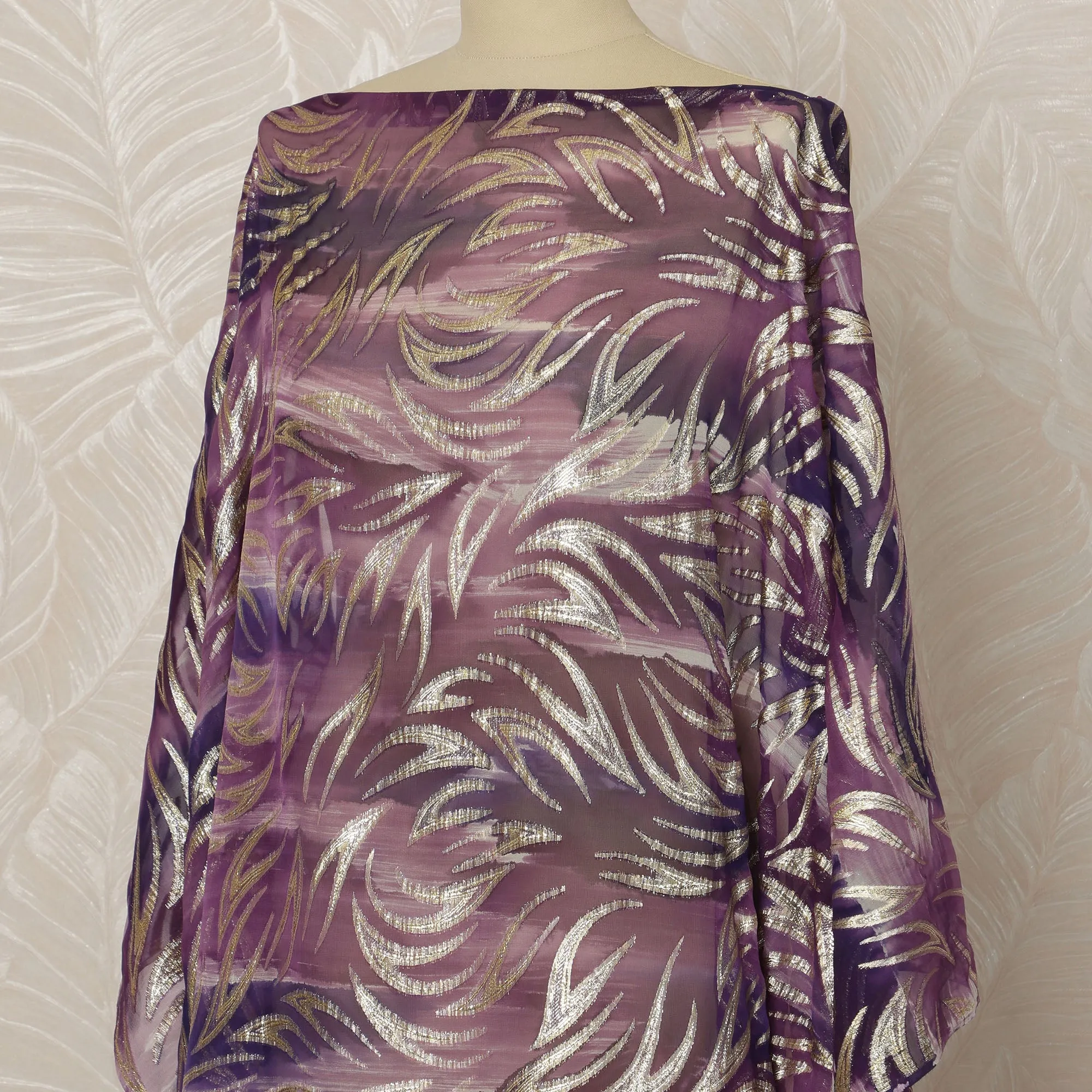 Mauve Somali Silk Chiffon Dirac Fabric with Metallic Lurex Leaf Design, 3.5 Meters, 140 cm Width-D20674