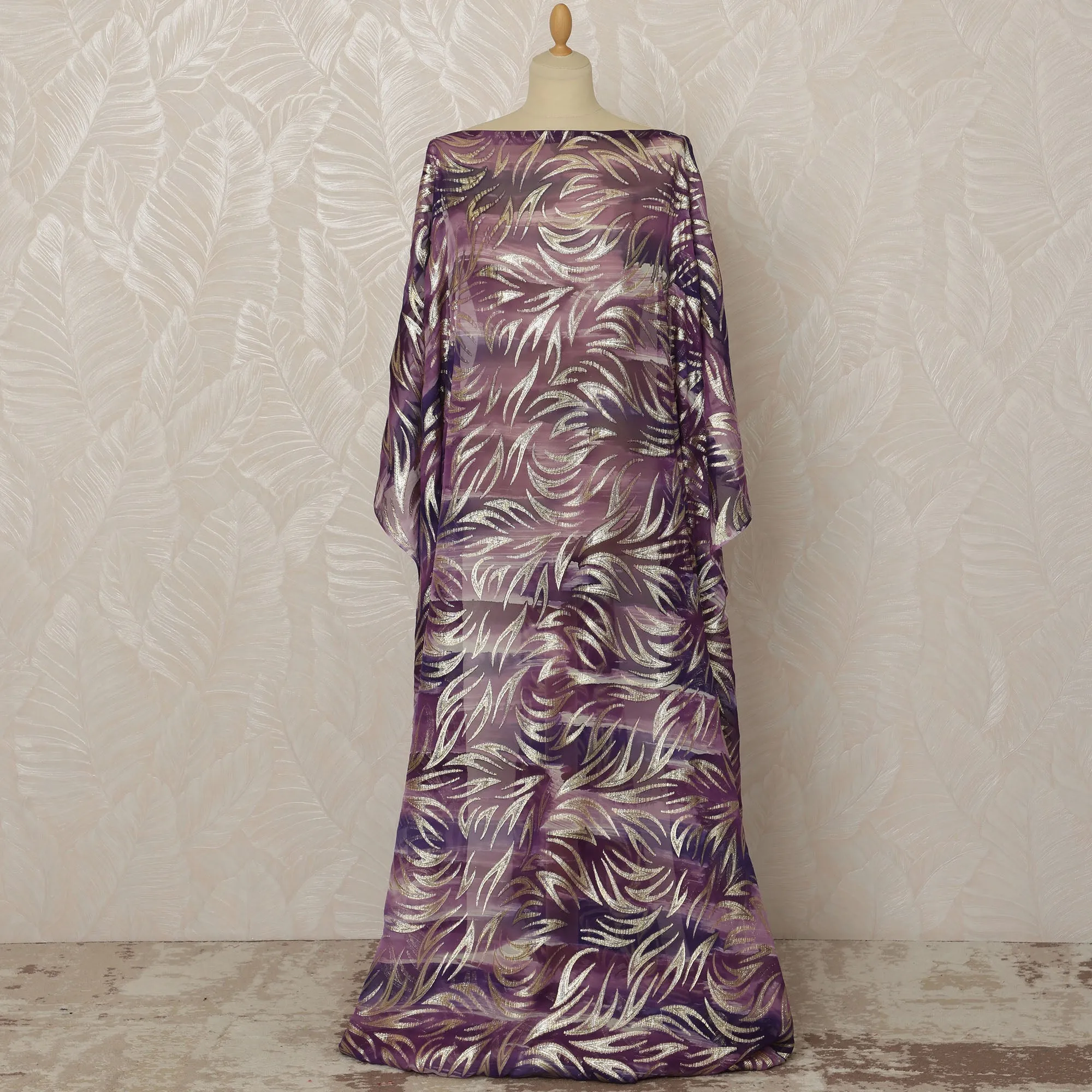 Mauve Somali Silk Chiffon Dirac Fabric with Metallic Lurex Leaf Design, 3.5 Meters, 140 cm Width-D20674