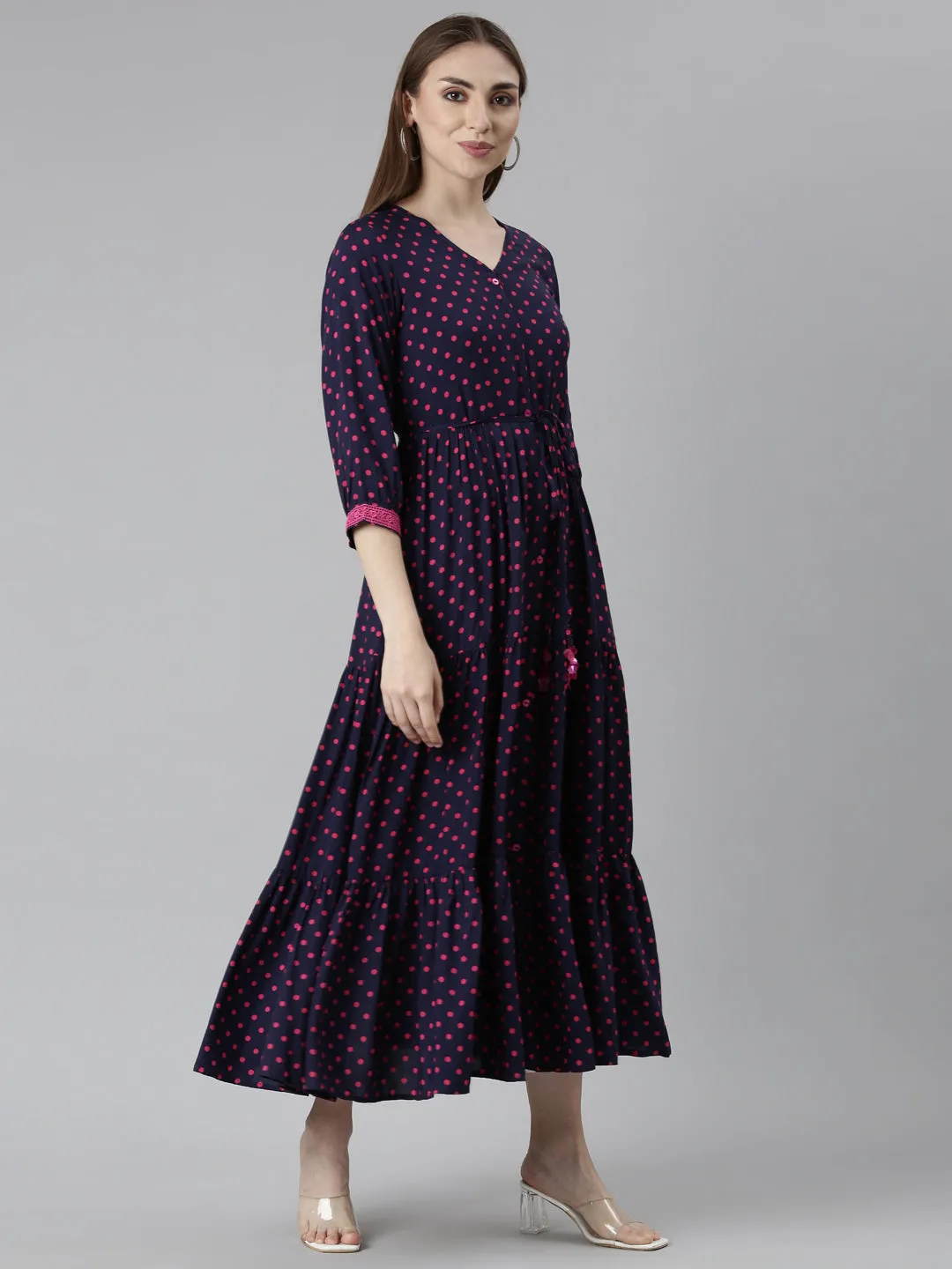 Neeru's Navy Blue Straight Casual Polka Dots Dresses