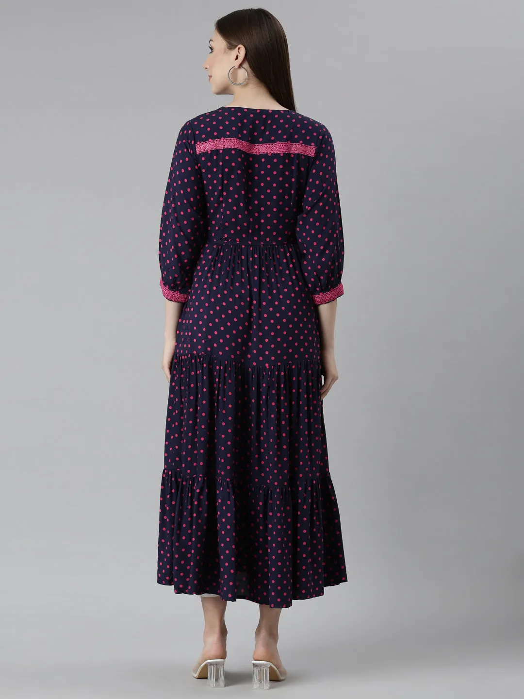 Neeru's Navy Blue Straight Casual Polka Dots Dresses