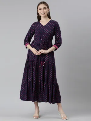 Neeru's Navy Blue Straight Casual Polka Dots Dresses