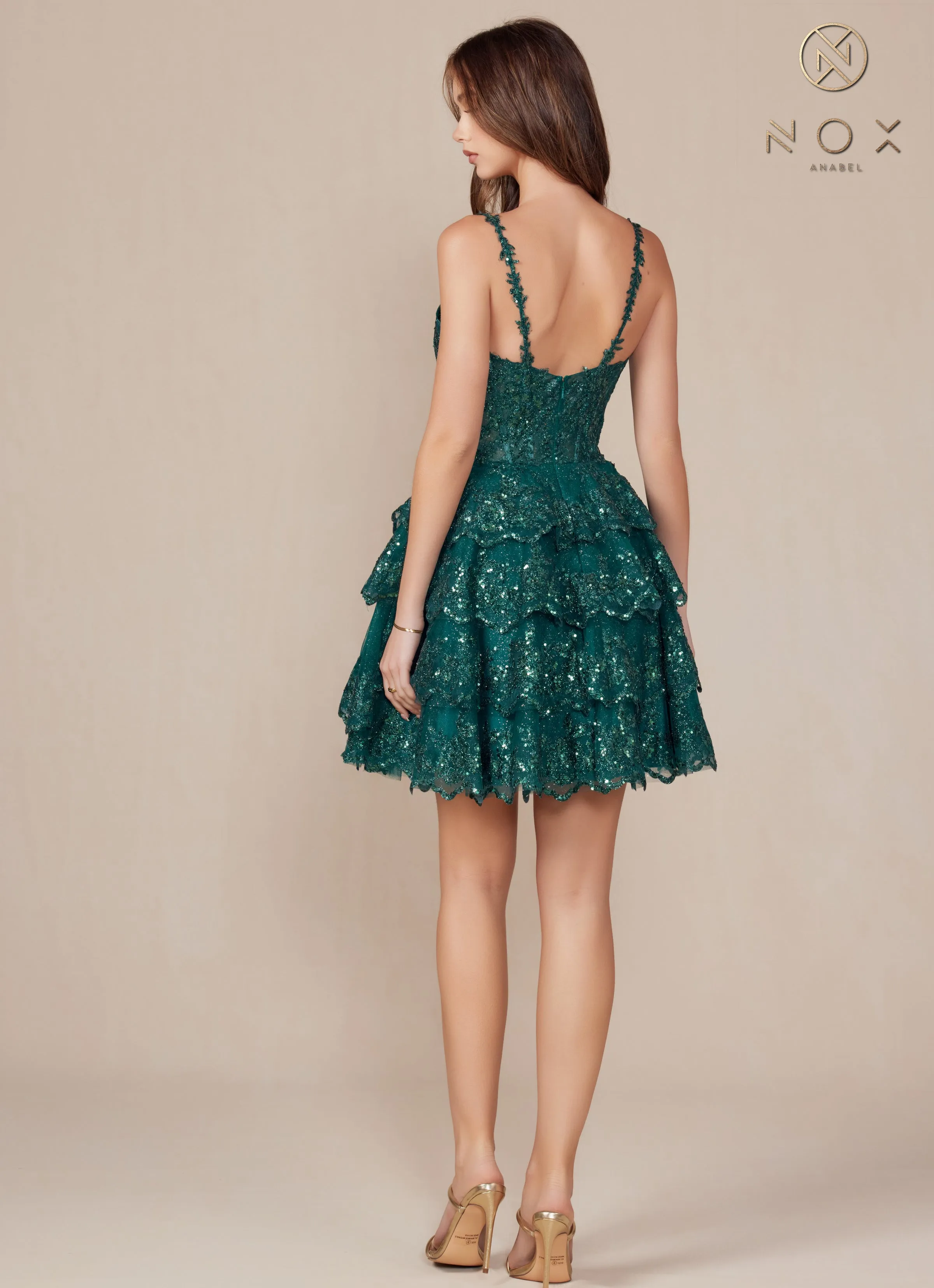 Nox Anabel E914 Gliter Applique Ruffle Tiered Short Dress