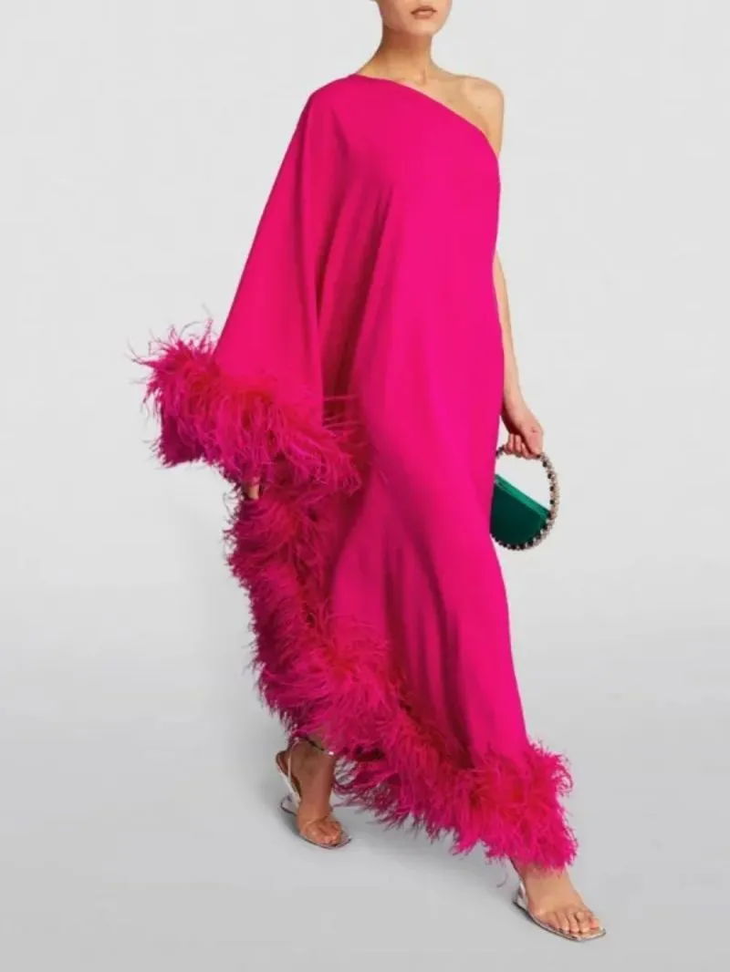 One-shoulder Diagonal Feather Ankle-length Dress