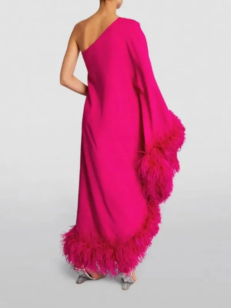 One-shoulder Diagonal Feather Ankle-length Dress