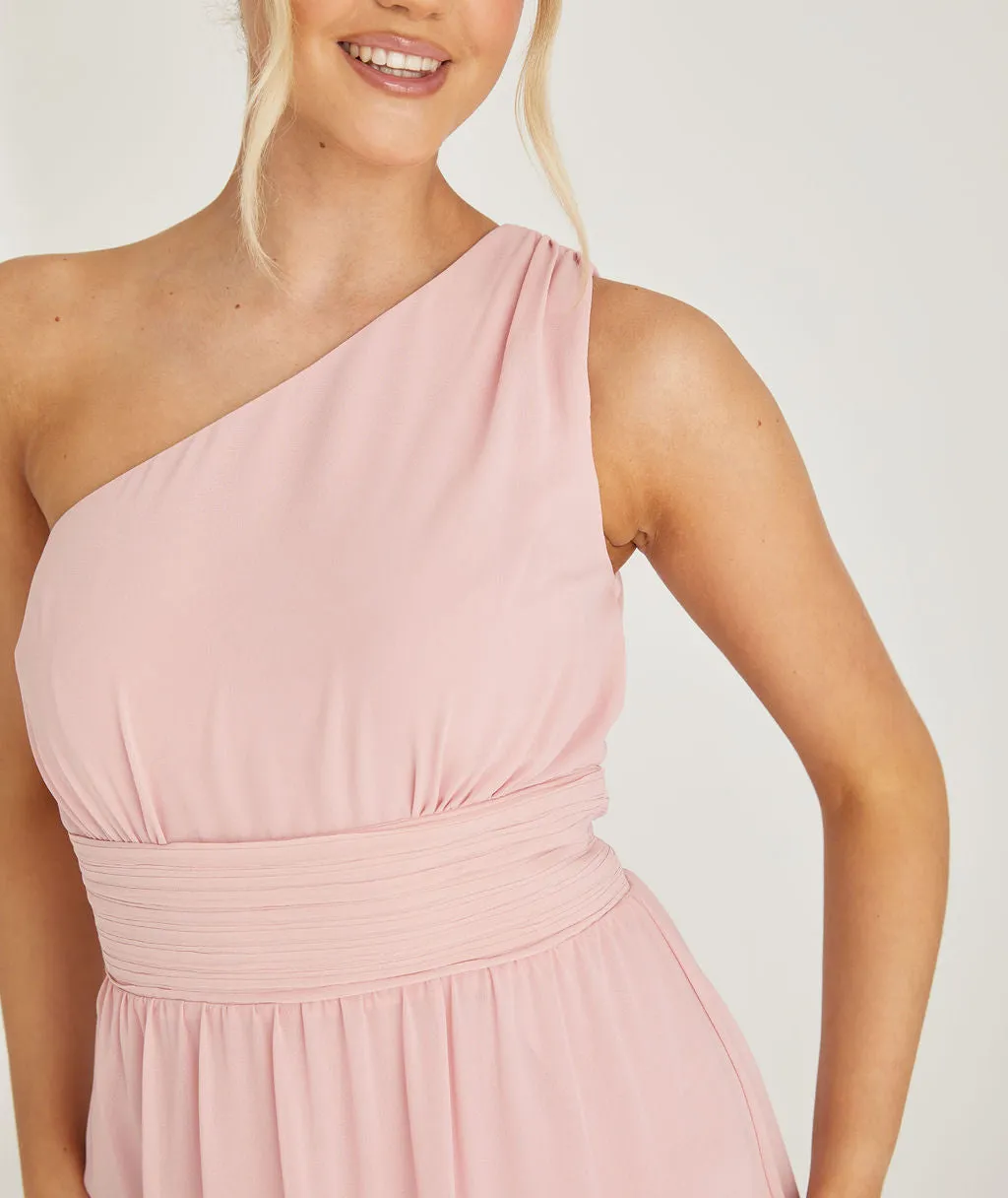 One Shoulder Pleated Waist Chiffon Bridesmaid Dress - Peony Pink