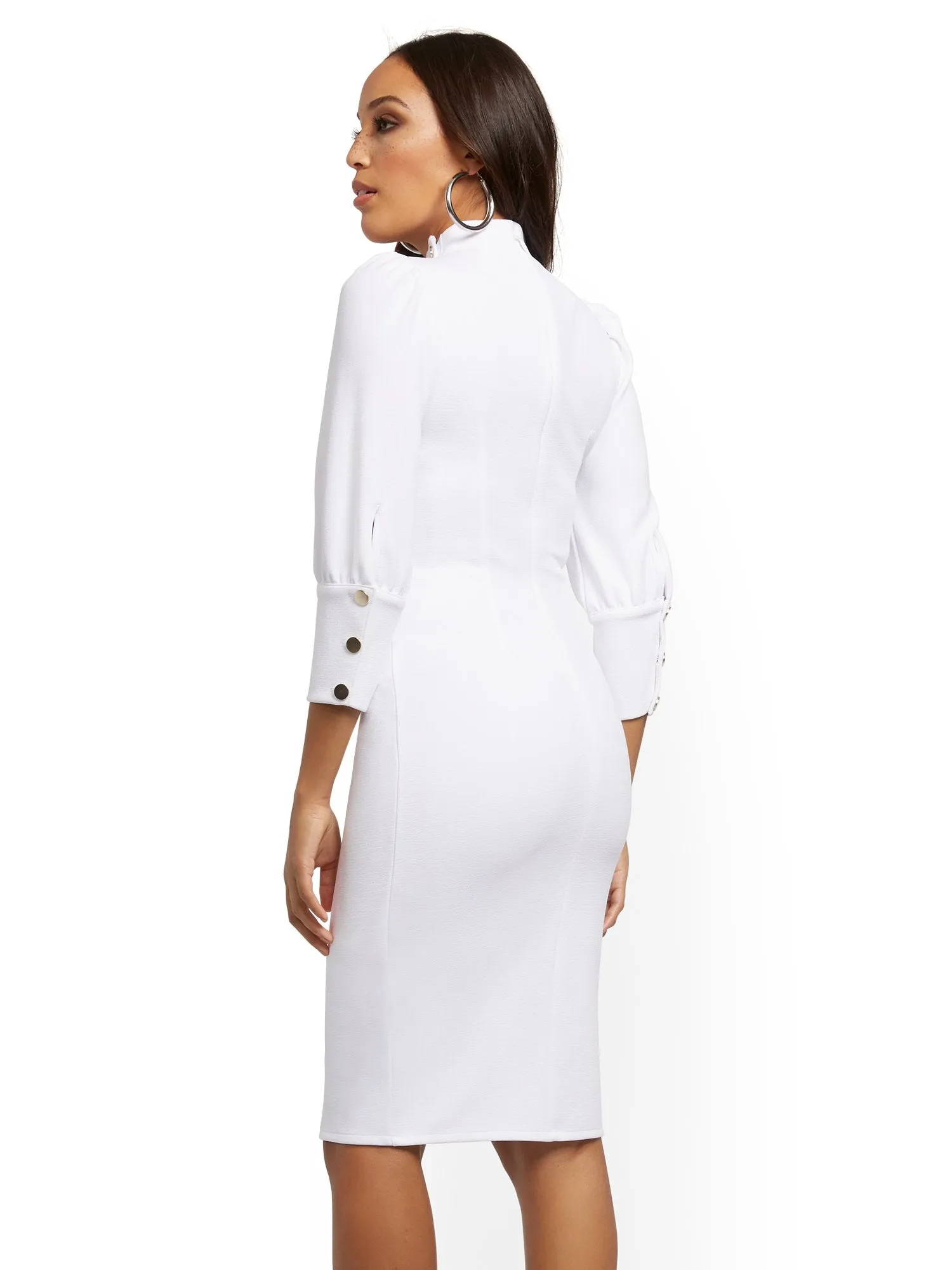 Petite White Button-Accent Ruched Sheath Dress