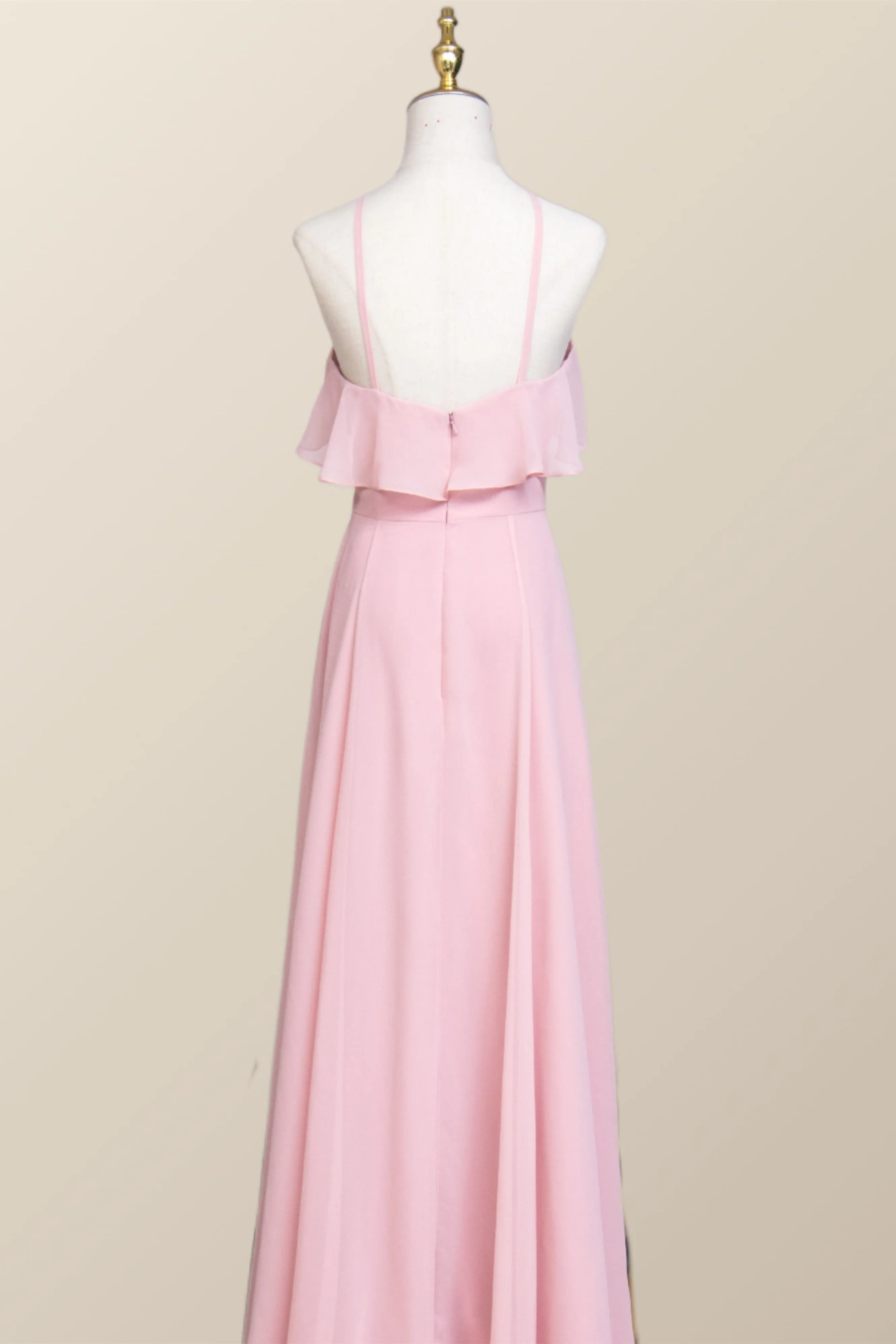 Pink Chiffon Ruffle Halter A-line Long Bridesmaid Dress