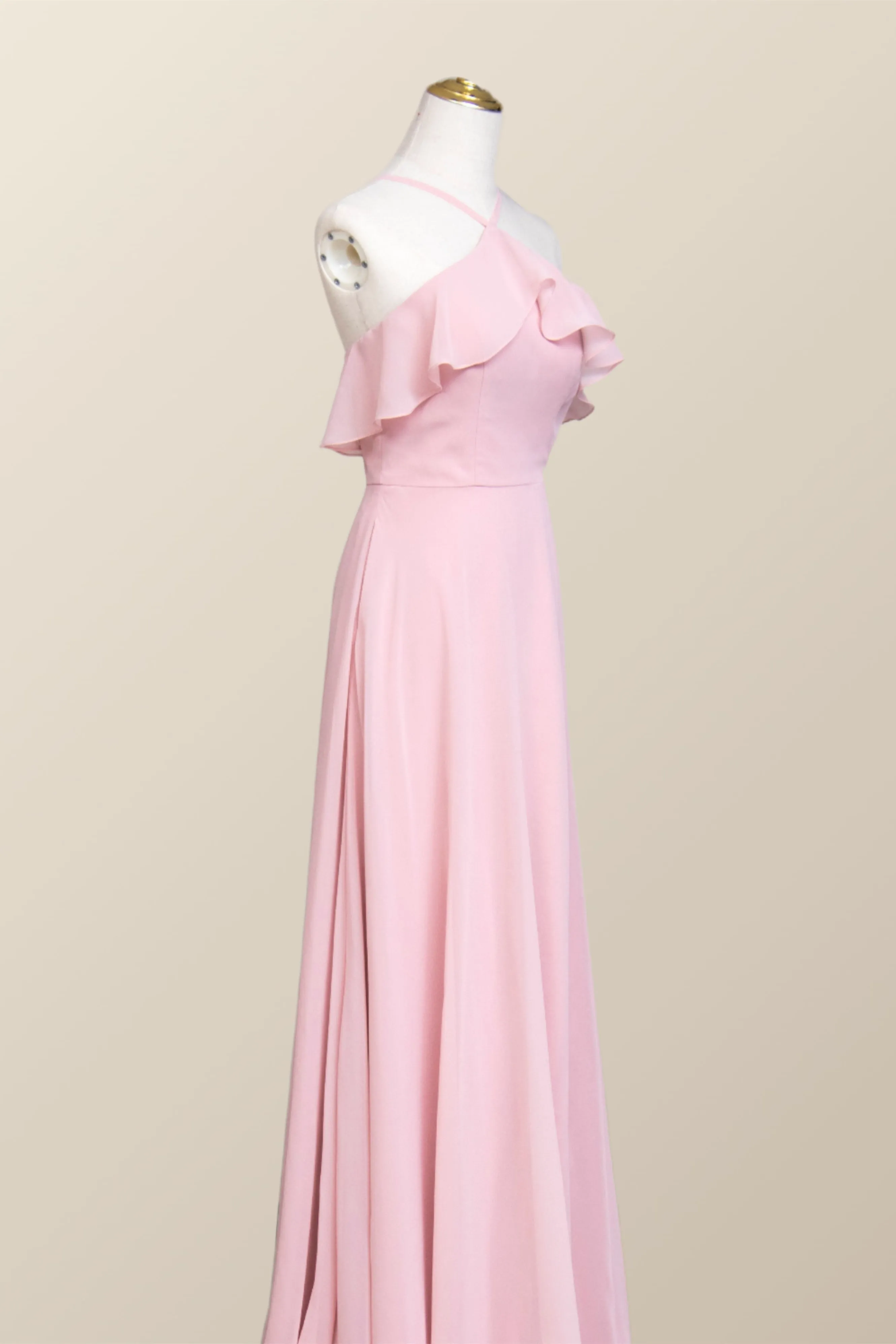 Pink Chiffon Ruffle Halter A-line Long Bridesmaid Dress