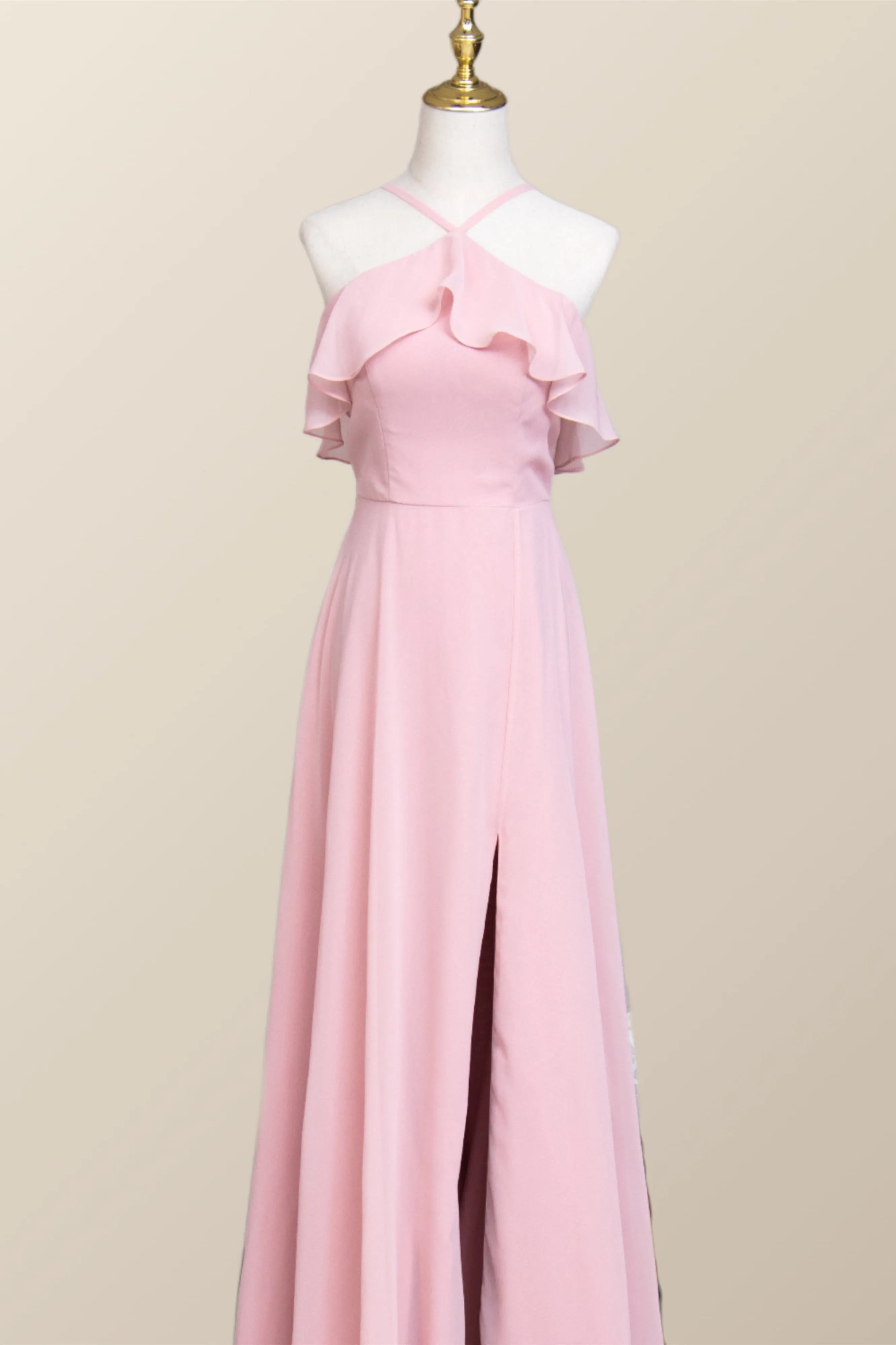 Pink Chiffon Ruffle Halter A-line Long Bridesmaid Dress