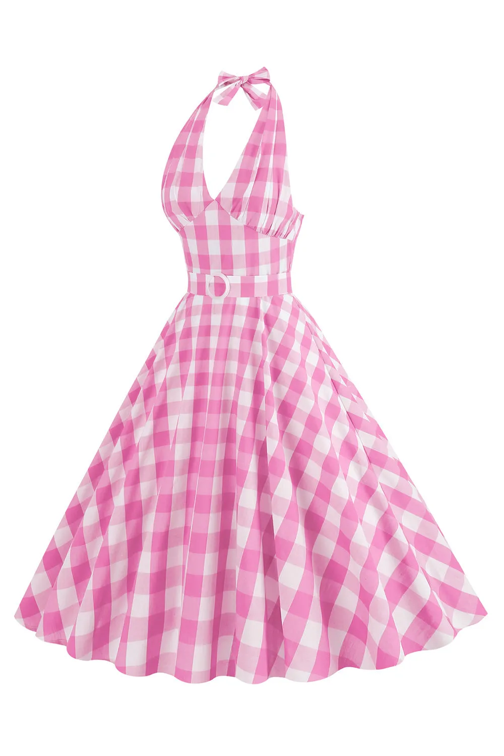 Pink Halter Plaid Sleeveless 1950s Dress With Belt