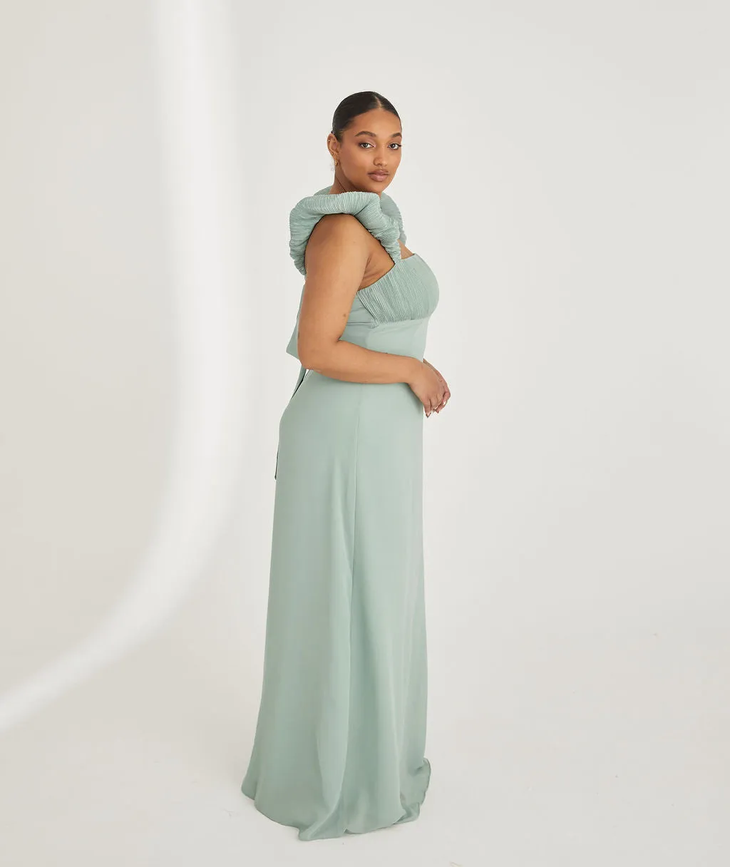 Pleated Statement Shoulder Chiffon Bridesmaid Dress - Sage