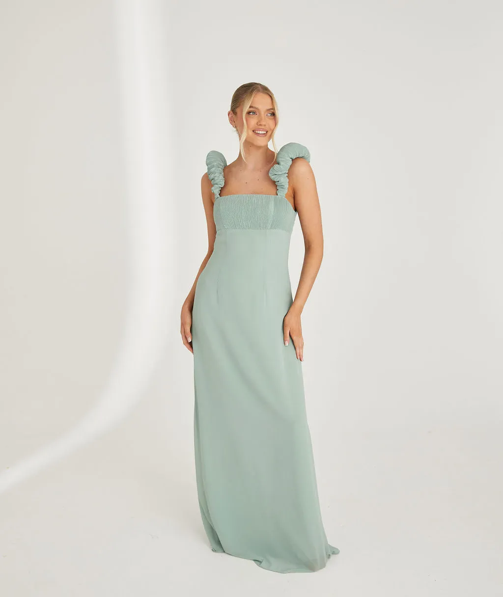 Pleated Statement Shoulder Chiffon Bridesmaid Dress - Sage