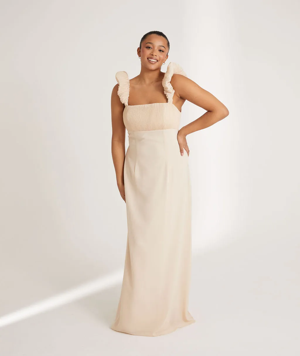 Pleated Statement Shoulder Chiffon Bridesmaid Dress - Vintage Cream