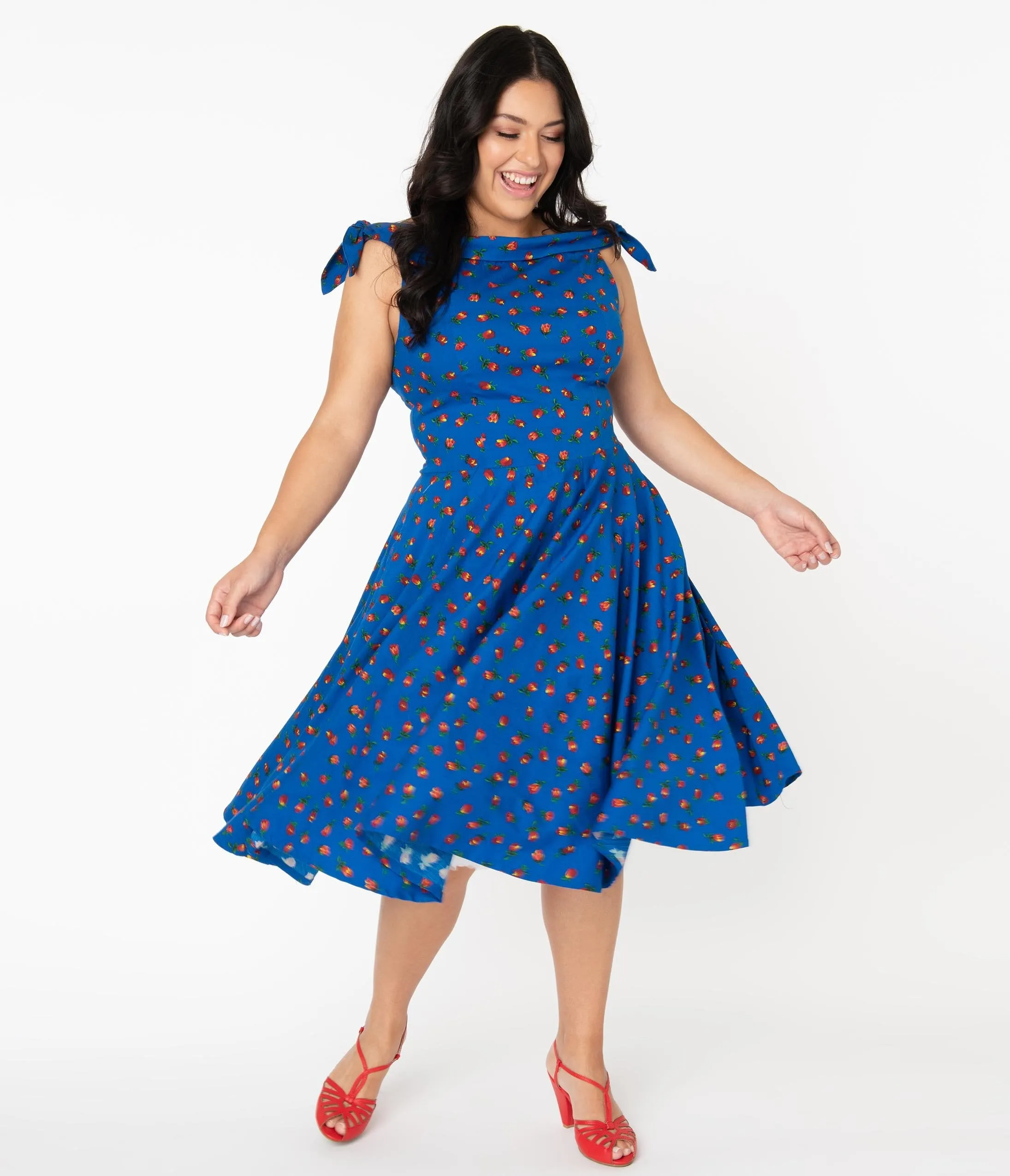 Plus Size 1950s Style Blue & Red Floral Jessica Swing Dress