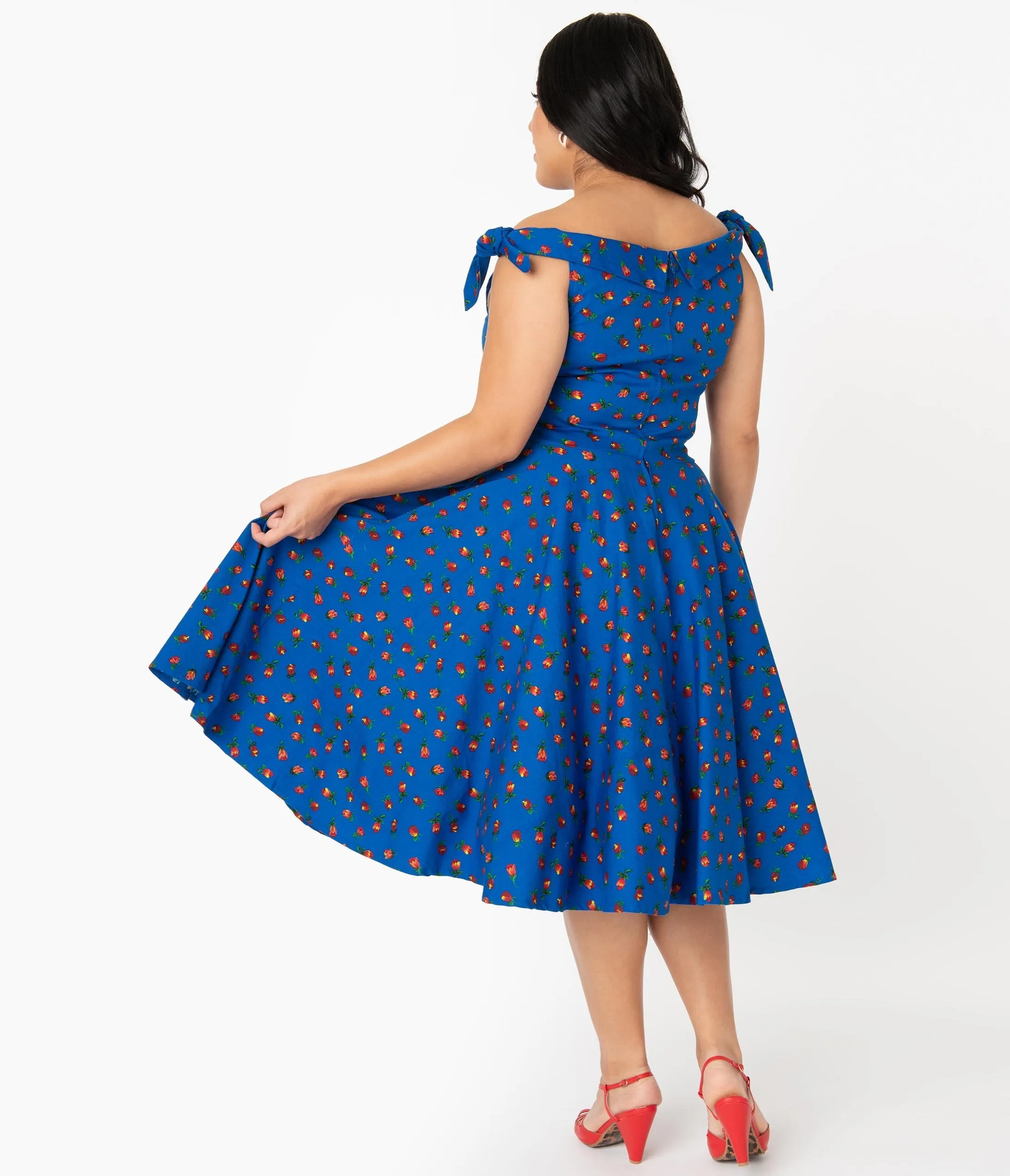 Plus Size 1950s Style Blue & Red Floral Jessica Swing Dress